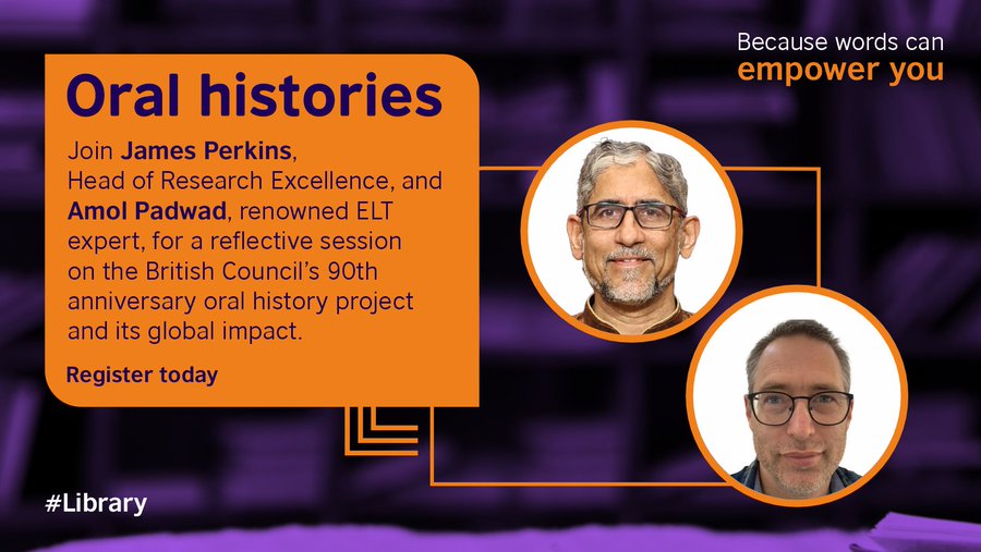 We're looking forward to discussing our #OralHistory project with #ELT expert Amol Padwad and the British Council Digital Library on 11 July! We'll be exploring the past, present, and future of #softpower and cultural relations. Register now: britishcouncil.org/events/oral-hi…