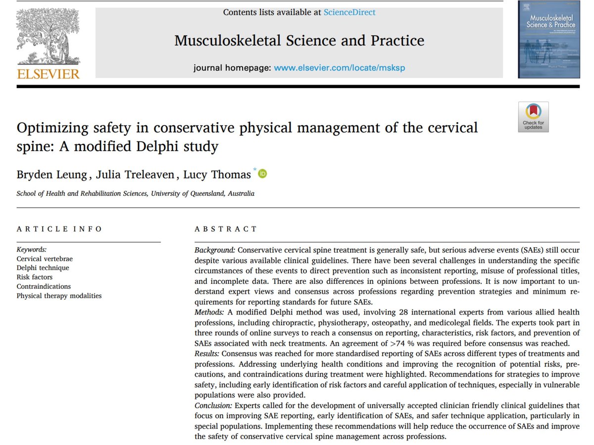 🤔 How can we improve safety in conservative cervical spine care?
This modified Delphi study buff.ly/D4WlbZU  highlights expert consensus on risk factors, SAE reporting, and technique recommendations across professions. #CervicalSpine #PatientSafety #PhysioResearch