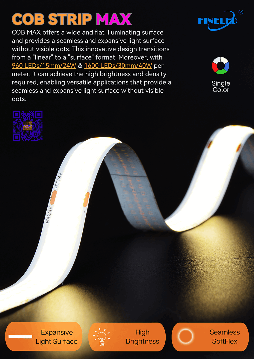 fineledlights's tweet photo. COB MAX features a wide, dot-free light surface with a seamless, flat illumination. Its innovative design shifts from linear to surface lighting, and with up to 1600 LEDs/m, it delivers high brightness and density for versatile applications.  https://t.co/vUic9wQv3E https://t.co/ODHUgjpig2