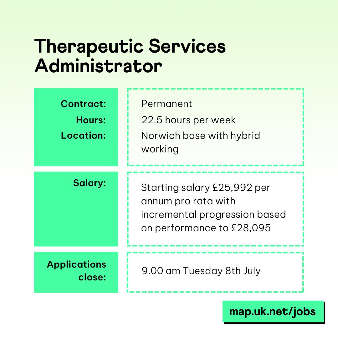 📍Norwich📍We have an exciting opportunity to join our Therapeutic Services Admin team to provide support to our Counselling and Youth Mental Health Work pathways and Evolve offer.

Find out how to apply at map.uk.net/jobs

🔔Deadline: 9.00 am Tuesday 8th July 🔔