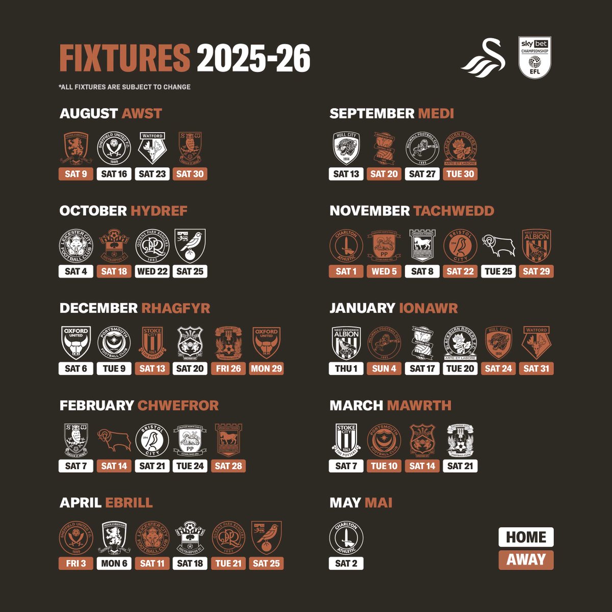 SwansOfficial's tweet photo. The fixtures are in 🔒

Our 2025-26 @SkyBetChamp fixtures 📆👇 https://t.co/OSeoTFykAe
