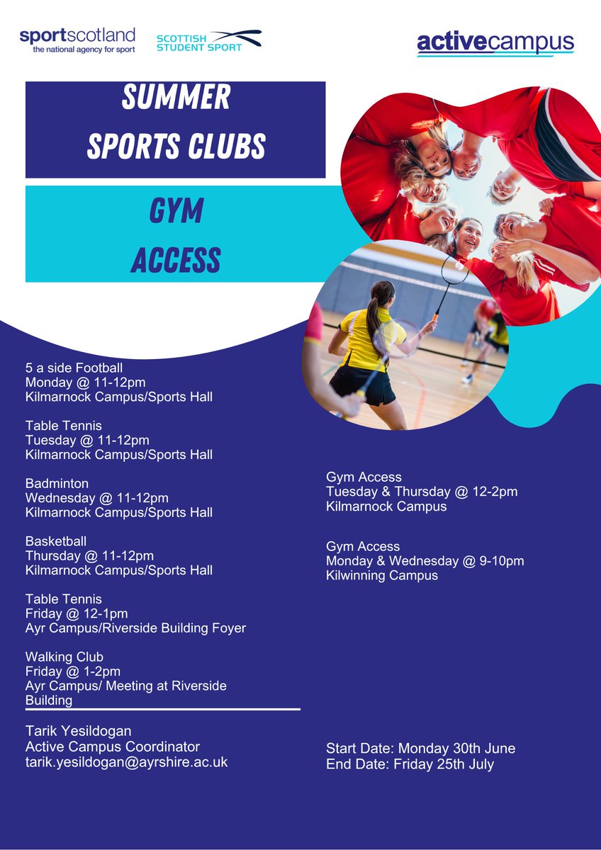 📣Calling all staff and students of Ayrshire College

🏋️‍♂️Get active this summer and join in with lots of different activities across the three campuses.
🆓Activities are free and include gym access, football, table tennis and lots more.
 ℹ  Check out the poster for more details!
