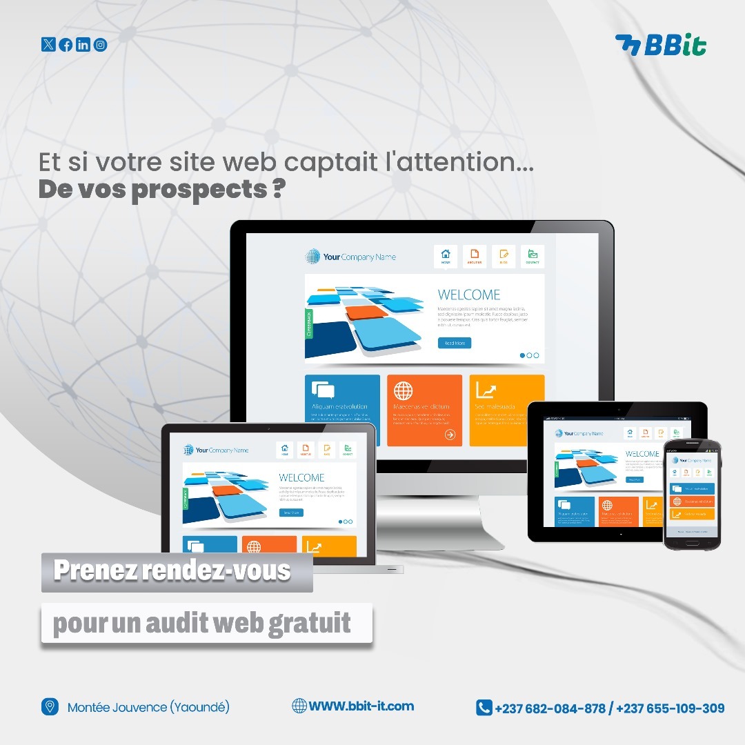 💥 Avoir un site web ne suffit plus.

Si votre site ne capte pas l’attention,
Il fait fuir vos prospects. Silencieusement.
🎯 BBIT vous offre un audit web GRATUIT.
Savoir, c’est déjà gagner.

📍 Yaoundé
📞 +237 682 084 878
🌐 bbit-it.com
#BBIT #AuditWeb #SiteInternet