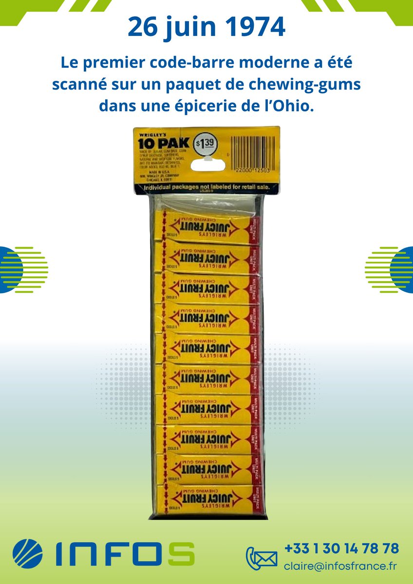Infos_France's tweet photo. Le code-barres est né d’un besoin simple : identifier rapidement les produits et faciliter la gestion des stocks. 
#Codebarres #INFOSFrance #Traçabilité #Retail #Stock #Logistique #Identification #Transport #Passeport #ChewingGums https://t.co/GlW5cvotQJ