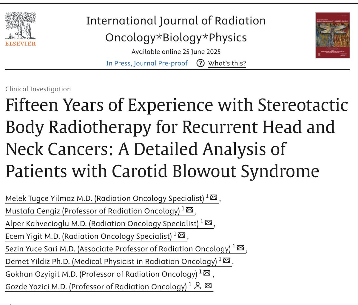 Melek Tugce Yilmaz MD (@mtugceyilmaz) on Twitter photo 🚨 Just out in Red Journal!
We analyzed our 191-patient H&N reirradiation cohort, with a specific focus on toxicity and CBOS
📊 Real-world SBRT data
🧑⚕️ Lessons on patient selection & risk mitigation
redjournal.org/article/S0360-…
<a href="/IJROBP/">IJROBP - The Red Journal</a> <a href="/YaziciYazicig/">Gozde Yazici</a> <a href="/kahvecioglu_a/">Alper Kahvecioglu MD</a> <a href="/EcemYigitMD/">Ecem Yigit</a> 🚨 Just out in Red Journal!
We analyzed our 191-patient H&N reirradiation cohort, with a specific focus on toxicity and CBOS
📊 Real-world SBRT data
🧑⚕️ Lessons on patient selection & risk mitigation
redjournal.org/article/S0360-…
<a href="/IJROBP/">IJROBP - The Red Journal</a> <a href="/YaziciYazicig/">Gozde Yazici</a> <a href="/kahvecioglu_a/">Alper Kahvecioglu MD</a> <a href="/EcemYigitMD/">Ecem Yigit</a>