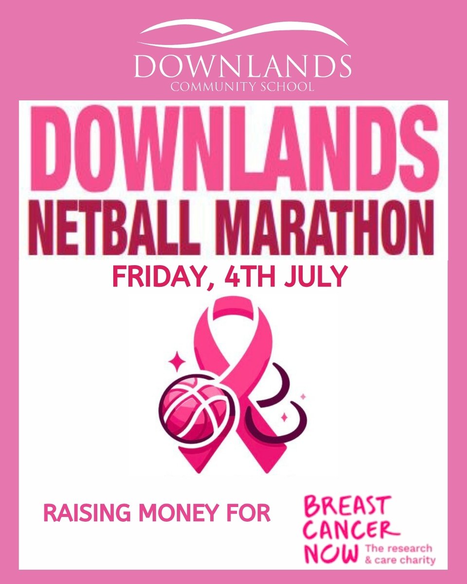 Downlandslearning (@downlandslearn) on Twitter photo We’re excited for the Downlands Netball Marathon on Fri 4 July!
Mini matches, bake sale & sweet tombola — all in support of <a href="/BreastCancerNow/">Breast Cancer Now</a> 💗
Donate here:
justgiving.com/page/downlands…
#NetballMarathon #BreastCancerNow #Downlands We’re excited for the Downlands Netball Marathon on Fri 4 July!
Mini matches, bake sale & sweet tombola — all in support of <a href="/BreastCancerNow/">Breast Cancer Now</a> 💗
Donate here:
justgiving.com/page/downlands…
#NetballMarathon #BreastCancerNow #Downlands
