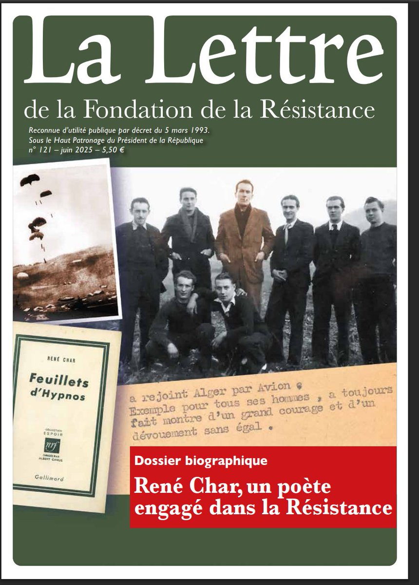 [ PUBLICATION ]  

✉️Le dernier numéro (n°121) de juin 2025 vient de sortir. Le dossier biographique de cette lettre est « René Char, un poète engagé dans la Résistance ».

➡️Pour s’abonner à la « Lettre de la Fondation de la Résistance » : fondationresistance.org/pages/lettres/