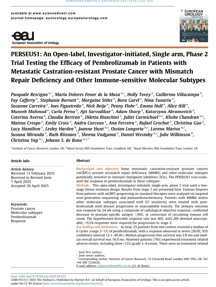 pas_rescigno (@pasrescigno) on Twitter photo Another trial pointing at MMR defects as biomarker of ICI sensitivity in prostate cancer. Read ⬇️ <a href="/RMresearch_/">NIHR Royal Marsden BRC with @ICRLondon and CRF</a> <a href="/FenorLolin/">Lolín Fenor</a> <a href="/AdamSharpMedOnc/">Adam Sharp</a> thank you to all the ICR team and Prof De Bono for this 💪🏻 Another trial pointing at MMR defects as biomarker of ICI sensitivity in prostate cancer. Read ⬇️ <a href="/RMresearch_/">NIHR Royal Marsden BRC with @ICRLondon and CRF</a> <a href="/FenorLolin/">Lolín Fenor</a> <a href="/AdamSharpMedOnc/">Adam Sharp</a> thank you to all the ICR team and Prof De Bono for this 💪🏻
