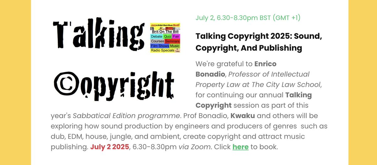 British black music & music industry runnings... (@bbmbmc) on Twitter photo Talking Copyright 2025 via Zoom
July 2 2025, 6.30-8.30pm BST (GMT +1)
Join us! Book at: BBM.eventbrite.com
<a href="/cbmultimedia/">CeeBee Multimedia</a> Talking Copyright 2025 via Zoom
July 2 2025, 6.30-8.30pm BST (GMT +1)
Join us! Book at: BBM.eventbrite.com
<a href="/cbmultimedia/">CeeBee Multimedia</a>