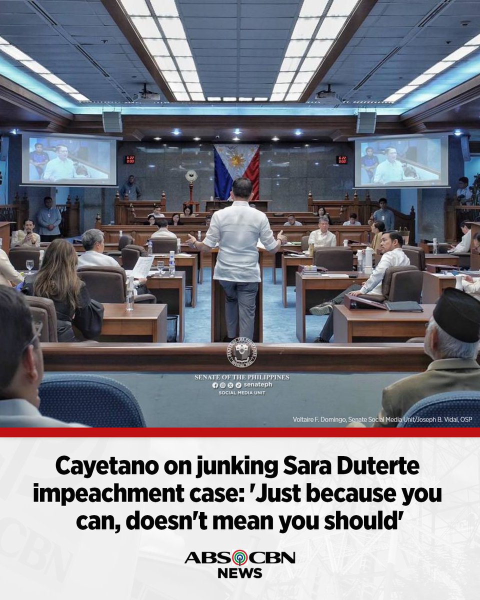 ABSCBNNews's tweet image. “Now just because you can, it doesn't mean you should. So we really have to take a deep breath and think what's best for the country.”

This was Senator-judge Alan Peter Cayetano's response to the opinion that the impeachment case against Vice President Sara Duterte could be…