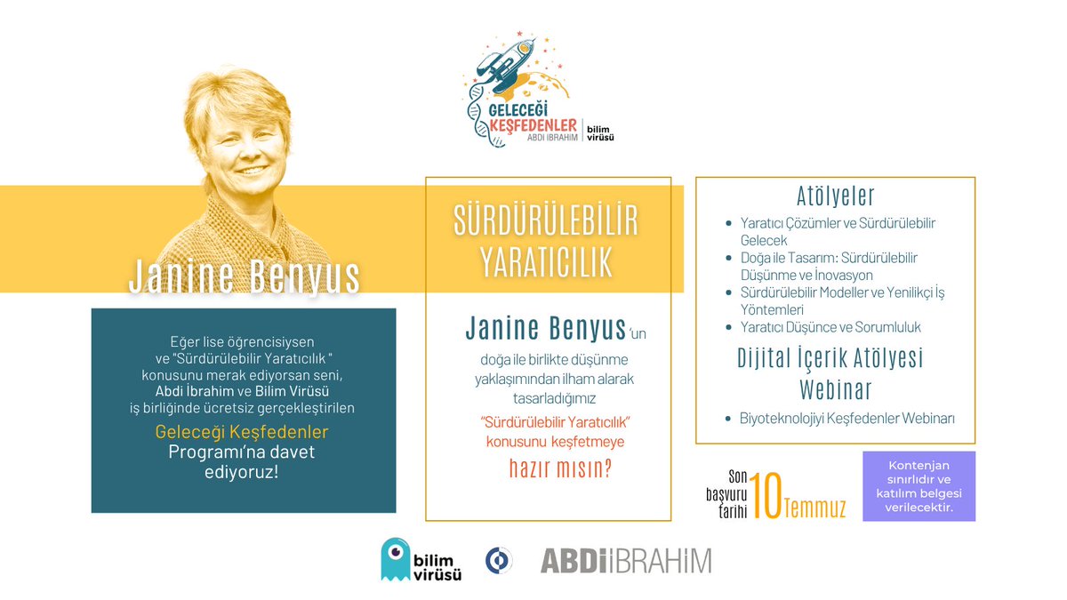 🌿 Janine Benyus’tan ilhamla tasarlanan Sürdürülebilir Yaratıcılık Modülü’ne katıl, doğadan öğren, geleceği dönüştür! 💡 Atölyeler, dijital içerik üretimi ve biyoteknoloji webinarı seni bekliyor. 

📅 10 Temmuz’a kadar başvur:  lnkd.in/dWMA_rRS