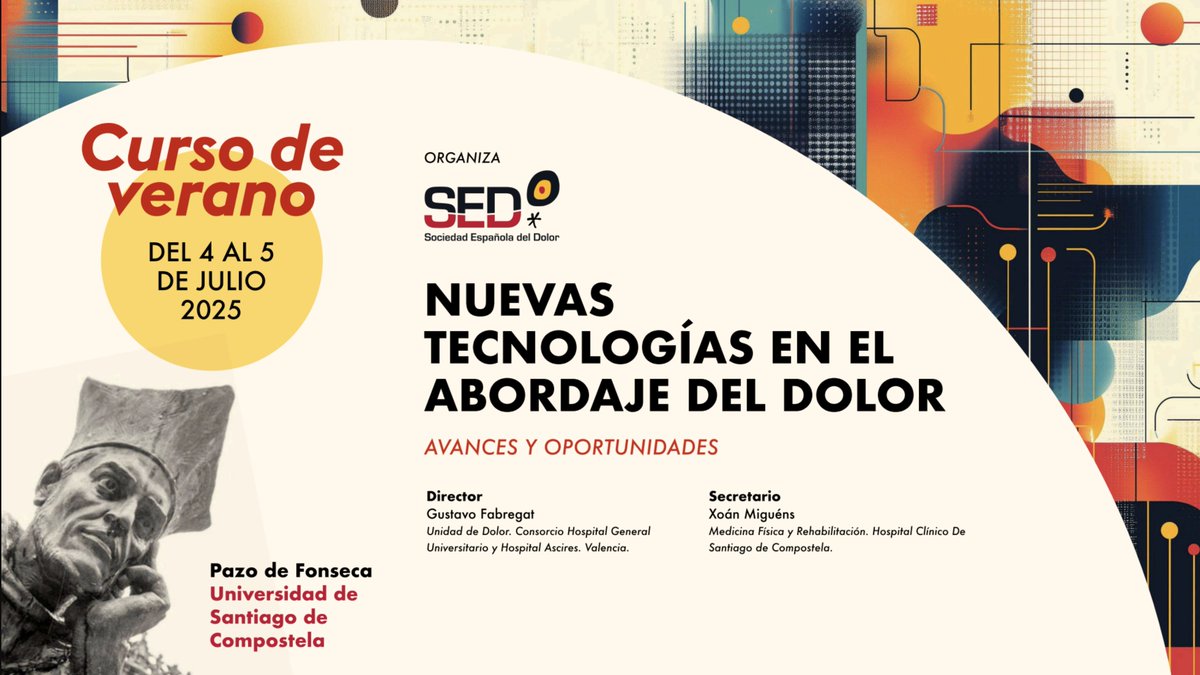 ▶️Las nuevas tecnologías están cambiando el abordaje del dolor: ¿Qué soluciones son efectivas a día de hoy? ¿Hacia donde van las investigaciones? 
🔴"Nuevas Tecnologías en el Abordaje del Dolor". Curso de Verano de la Sociedad Española del Dolor en el marco incomparable del