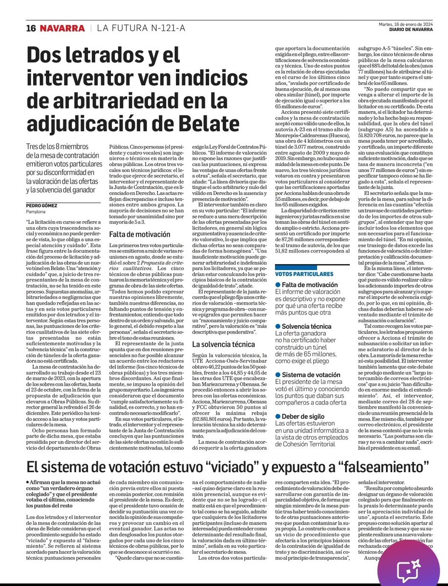 Ahora que los medios nacionales (bienvenidos sean) han puesto su atención en la adjudicación de Belate, es justo recordar que <a href="/DiariodeNavarra/">Diario de Navarra</a> , concretamente <a href="/PitGomez/">Pedro Gómez</a> lleva denunciándolo desde el mismo día de la adjudicación. Enero 2024