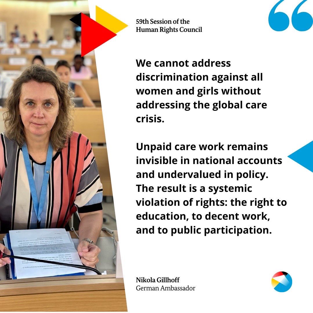 Women still perform 76% of all unpaid care work. ⚖️👩‍🍼

At #HRC59, Ambassador Nikola Gillhoff addressed structural inequalities &amp; highlighted Germany’s efforts to end discrimination against women &amp; girls:

🔹 Shared parental leave
🔹 Public childcare
🔹 Long-term care insurance