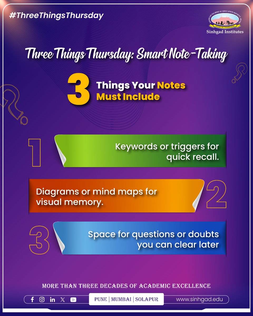 PuneScoe's tweet image. Taking notes? Make them work for you, not just with you. ✍️
Smart notes don’t just record information, they boost understanding, memory, and revision.
Start with these 3 essentials and upgrade your study game today!

#SinhgadInstitutes #AcademicExcellence #ThreeThingsThursday