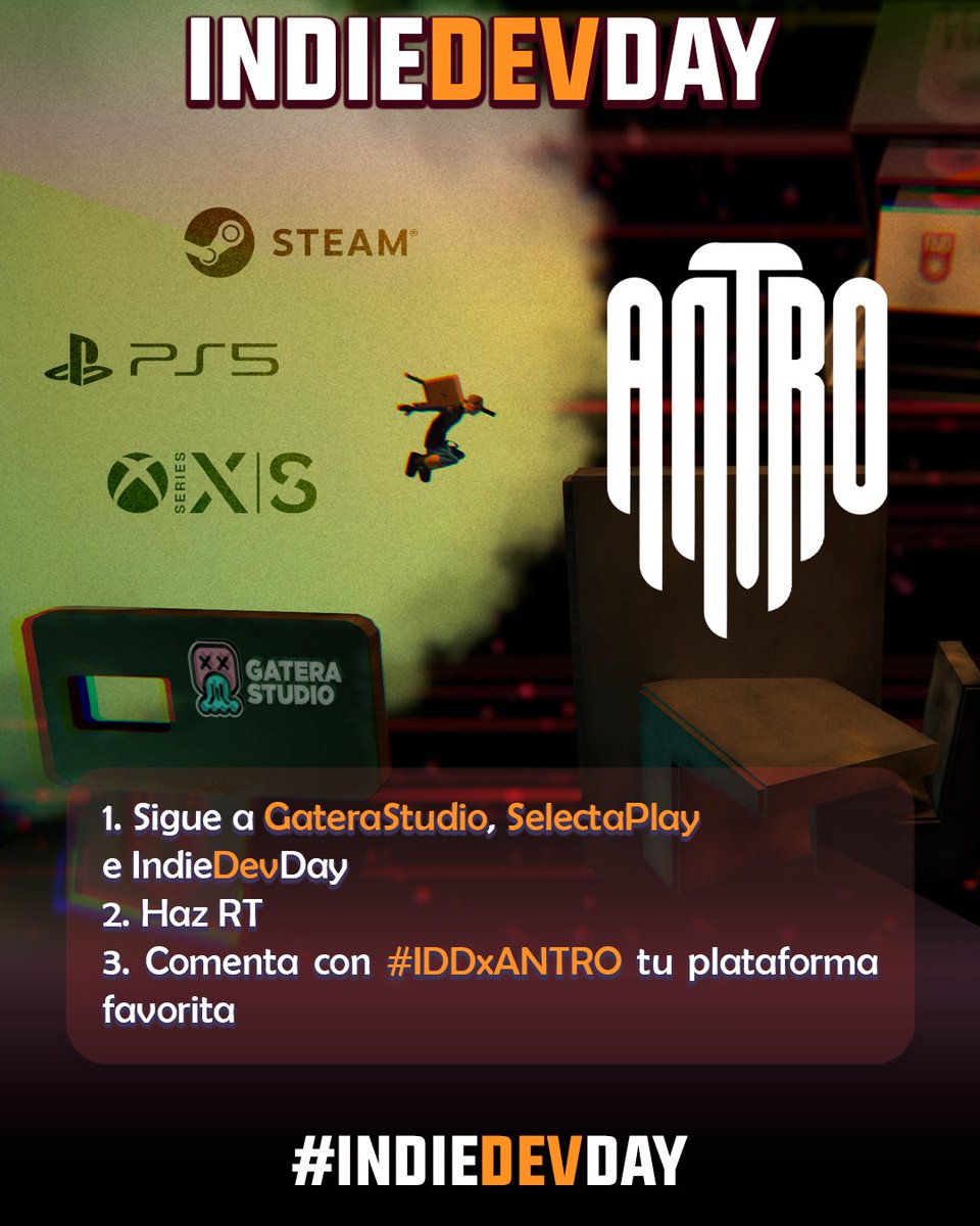 IndieDevDay (@indiedevday) on Twitter photo Celebramos el lanzamiento de ANTRO con un Super Sorteo de keys 🗝
Steam, Xbox Series, PlayStation 5… ¿Cuál es tu plataforma favorita? 🤔 Si ganas, recibirás un código para la que hayas comentado 🎁
Para participar:
1️⃣ Sigue a <a href="/gaterastudio/">ANTRO GAME 🎶 | Coming June 27 to PC, PS5 & XBOX🤘</a> , @selectaplay e IndieDevDay
2️⃣ Haz Celebramos el lanzamiento de ANTRO con un Super Sorteo de keys 🗝
Steam, Xbox Series, PlayStation 5… ¿Cuál es tu plataforma favorita? 🤔 Si ganas, recibirás un código para la que hayas comentado 🎁
Para participar:
1️⃣ Sigue a <a href="/gaterastudio/">ANTRO GAME 🎶 | Coming June 27 to PC, PS5 & XBOX🤘</a> , @selectaplay e IndieDevDay
2️⃣ Haz