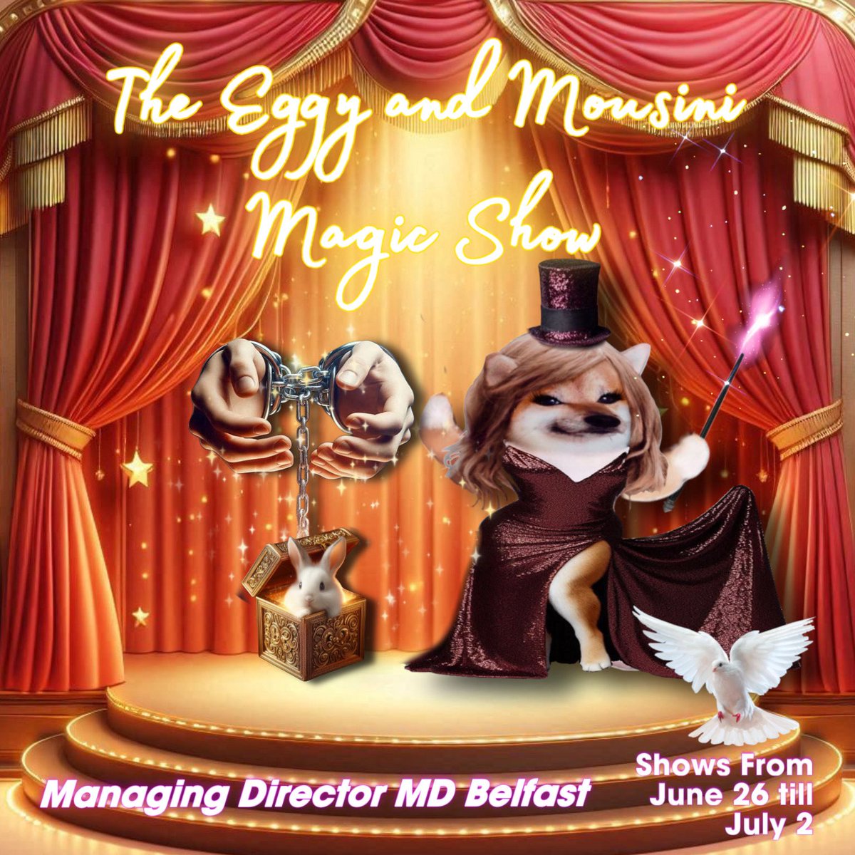 EggsForDummies's tweet image. 🧵1 Friends, we present the opportunity to visit the magic show by Eggy & Mousini, in town for a few days only👏
What we offer: (1) a friendly head swap in exchange for *any* donation to #AssHammer. (2) a pic of yourself performing a classic magical trick.