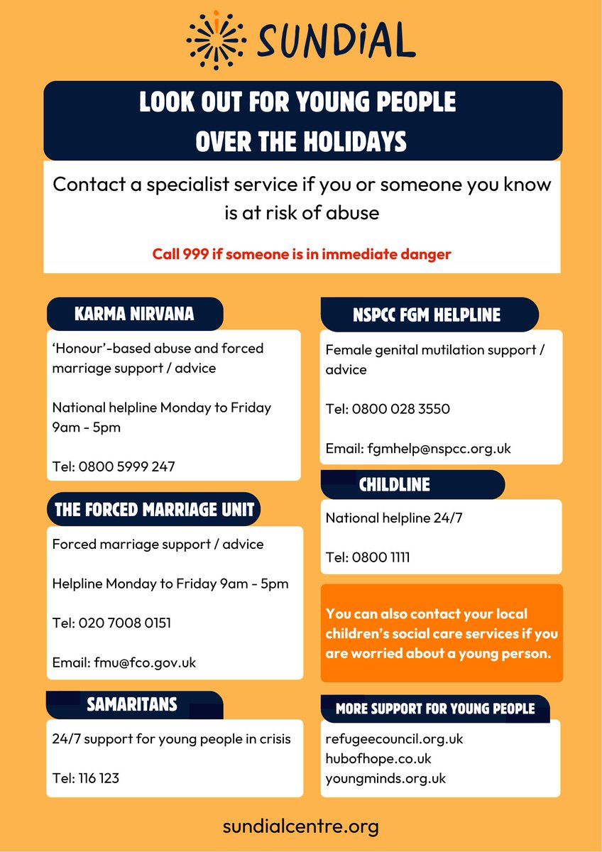 VictimsFirstTV's tweet image. School is out, so please look out for young people over the holidays @SundialCentre raise awareness of helplines to signpost people to support services for female genital mutilation, ‘honour’-based abuse, forced marriage and domestic abuse