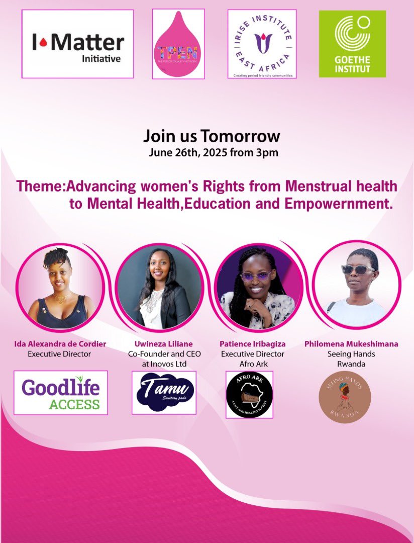 SRHRRWA's tweet photo. It’s today, don’t miss! 🎊
It’s free, bold and for everyone.
Let’s all join @Imatter_Period for Together for a Period Friendly World! A vibrant day of film, art, music & great conversations. Let’s break taboos, spark change & celebrate empowerment.
#PeriodFriendly #SRHR #Rwanda https://t.co/3ljeiyxXmA
