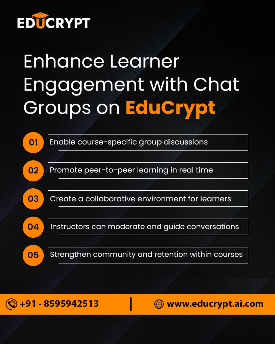 educrypt_ai's tweet image. Foster real-time collaboration and peer learning with course-specific chat groups on EduCrypt-designed to boost engagement, community, and course retention.

#educrypt #learnerengagement #edtech #OnlineLearning #peerlearning #studentcommunity #collaborativelearning