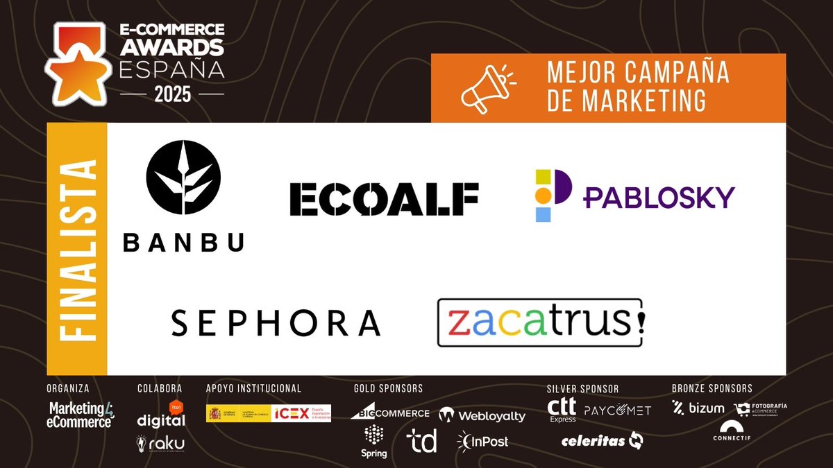 ¡Arrancamos con las nominaciones! Los 5 finalistas a:
📣Mejor campaña de marketing:

🏆<a href="/Banbu_ZeroWaste/">BANBU</a> 
🏆<a href="/ecoalf/">ECOALF</a> 
🏆<a href="/PabloskyShoes/">PABLOSKY</a> 
🏆<a href="/sephora_spain/">SEPHORA ESPAÑA</a> 
🏆<a href="/zacatrus/">Zacatrus</a> 

¡Enhorabuena! #EcommerceAwards25