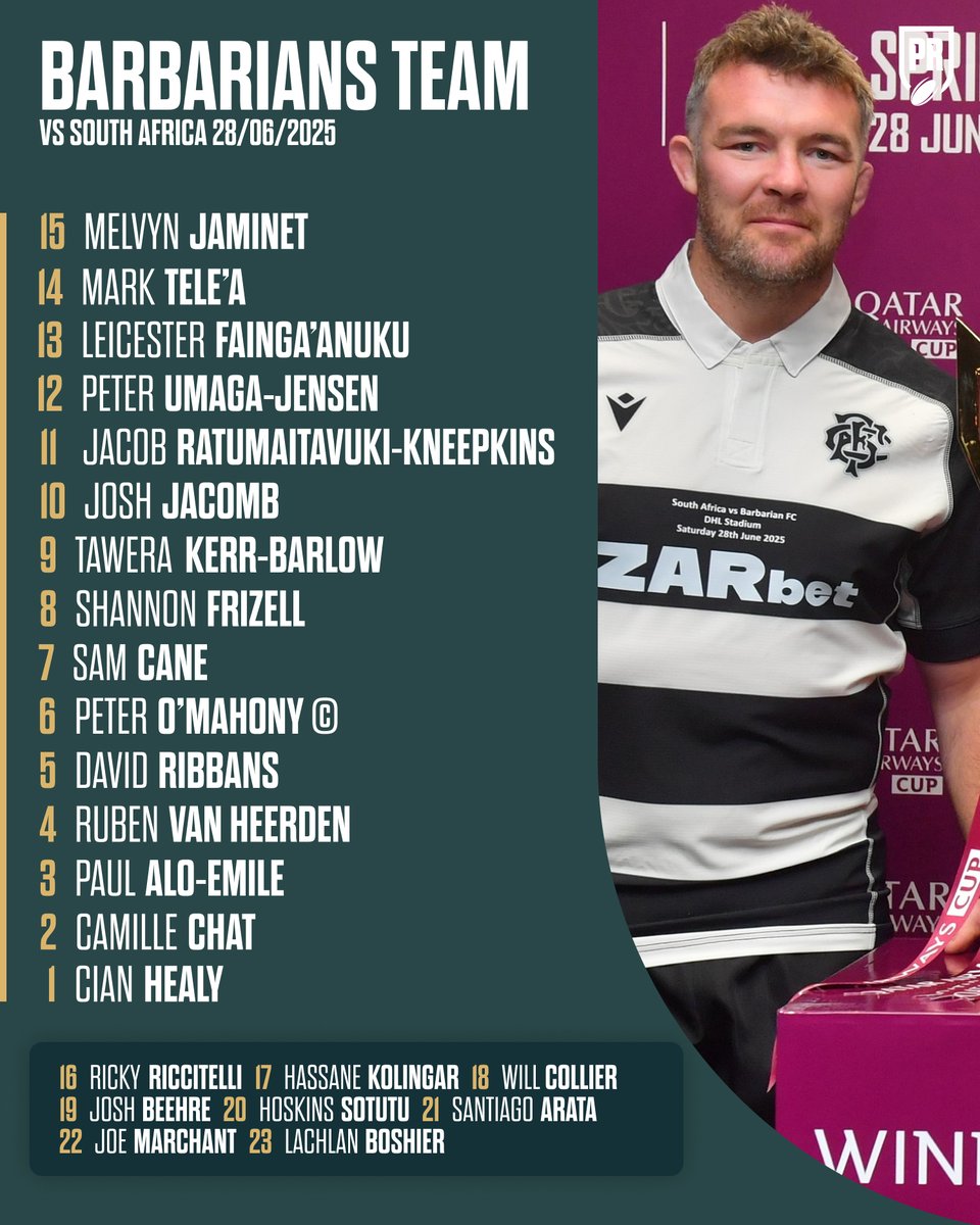 ⚫️⚪️ The Barbarians team to face the Springboks on Saturday!