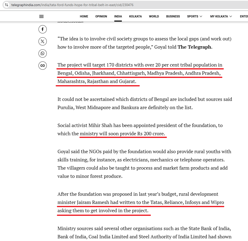 vijaygajera's tweet photo. Extremely shocking:

In 2013, Jairam Ramesh started the 'Bharat Rural Livelihood Foundation,' and promised Rs . 500 crores of taxpayers' money.

The target was the tribal areas of India.

Now, here is the shocking part: Puspa Sunder is still working as a Consultant even after 11 years of this government.

Puspa Sunder is the mother of Nandini Sunder, who was charged for helping Naxals in a tribal area, and his son in law runs a propaganda website, 'The Wire.'

I request @ChouhanShivraj Ji to look into this immediately.
