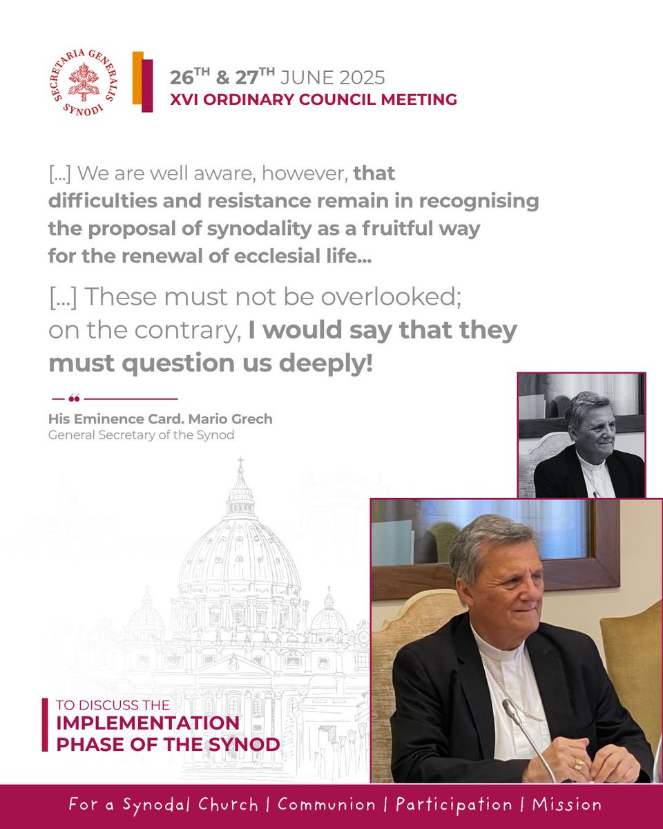 Synod.va (@synod_va) on Twitter photo At the opening of the 16th Ordinary Council, <a href="/GrechMario/">Card. Mario Grech</a> shared with the members some reflections from his work and meetings with various local Churches in recent months.
The full text of his speech is available on synod.va/en.html At the opening of the 16th Ordinary Council, <a href="/GrechMario/">Card. Mario Grech</a> shared with the members some reflections from his work and meetings with various local Churches in recent months.
The full text of his speech is available on synod.va/en.html