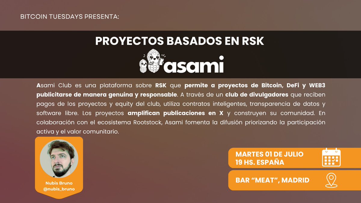 Bitcoin Tuesday Madrid (@bitcointuesday_) on Twitter photo ¡NUEVO MEETUP!
Nos vemos el martes próximo (01/07) para aprender sobre <a href="/asami_club_es/">Asami Club 🥜</a> de la mano de <a href="/nubis_bruno/">Nubis • asami.club</a>.
¡Los esperamos! ¡NUEVO MEETUP!
Nos vemos el martes próximo (01/07) para aprender sobre <a href="/asami_club_es/">Asami Club 🥜</a> de la mano de <a href="/nubis_bruno/">Nubis • asami.club</a>.
¡Los esperamos!