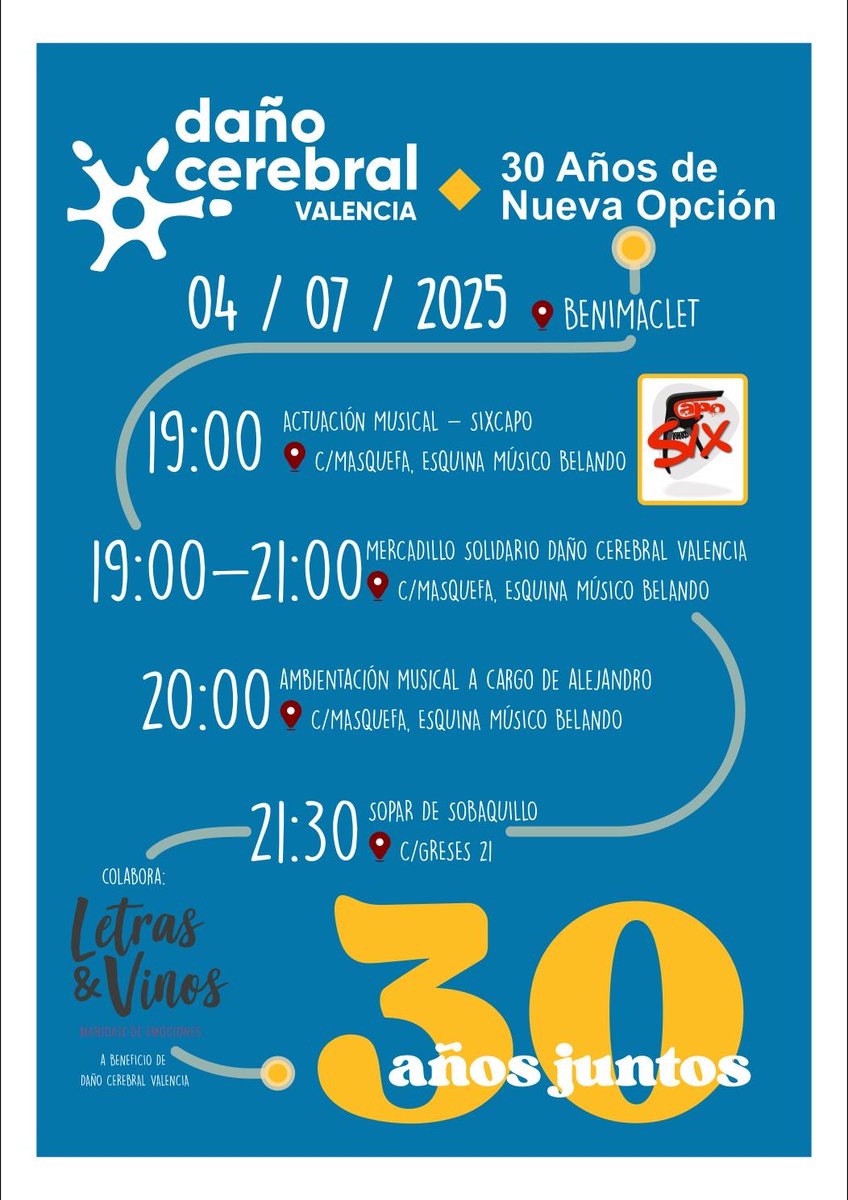 El de julio, viernes, tendremos el tradicional “sopar de sobaquillo” para celebrar nuestro aniversario, este año 30 añazos!!! Nos vemos el viernes en el Centro de Día de la Calle Greses (Benimaclet) donde, además, tendremos música en directo. Comparte. 
 #DCA #dañocerebral