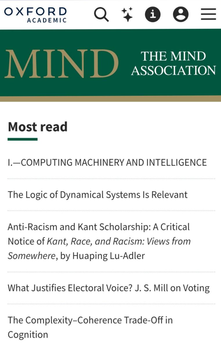 Francesco Berto (@franz_berto) on Twitter photo So currently our paper is the 2nd most read in Mind. This'd be all good and well, if we hadn't been beaten by... Some bloke's 75 year old stuff. 😎 #Alan_Turing
academic.oup.com/mind/advance-a…
<a href="/OUPPhilosophy/">Oxford Philosophy</a> So currently our paper is the 2nd most read in Mind. This'd be all good and well, if we hadn't been beaten by... Some bloke's 75 year old stuff. 😎 #Alan_Turing
academic.oup.com/mind/advance-a…
<a href="/OUPPhilosophy/">Oxford Philosophy</a>