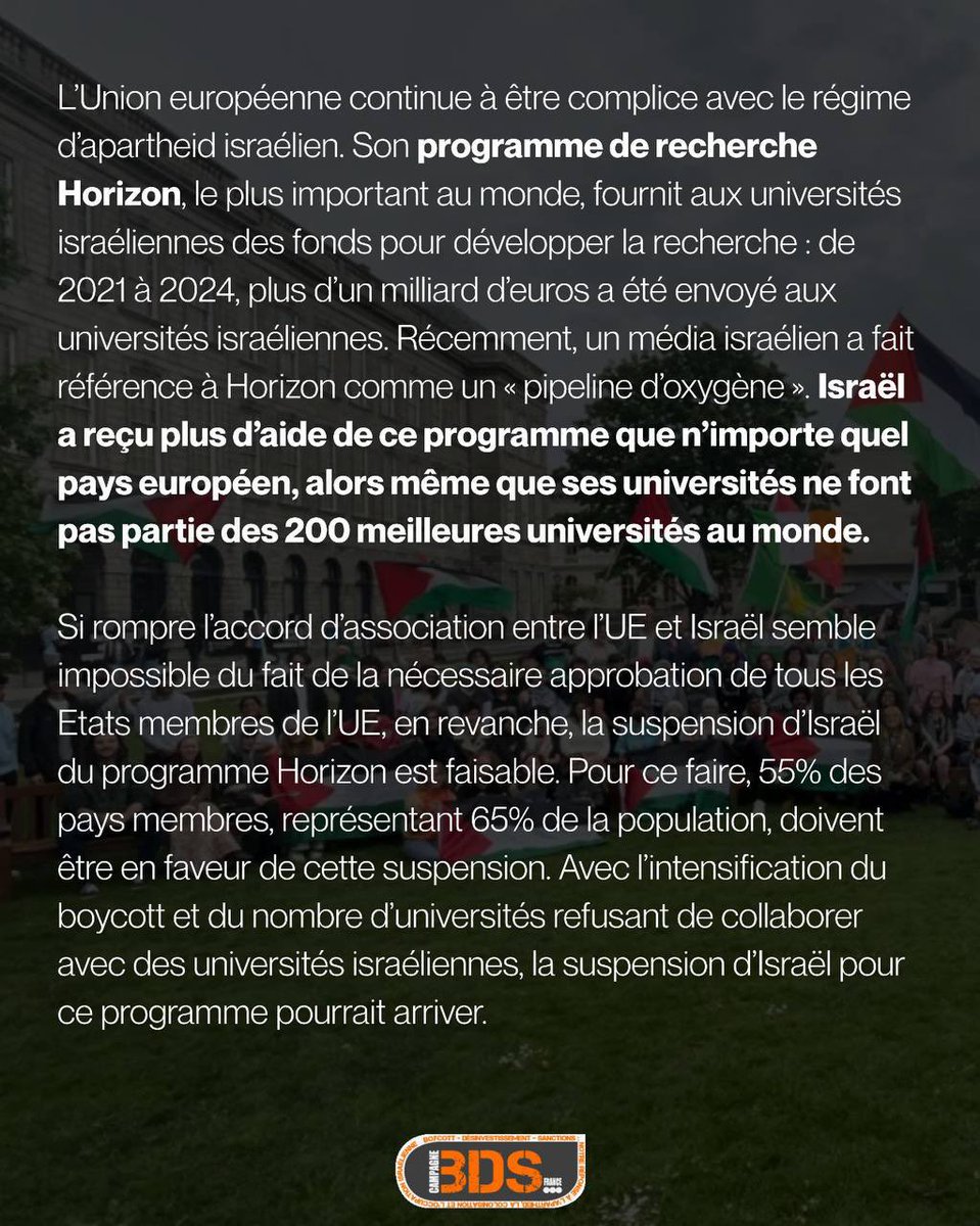 L’UE continue à être complice avec le régime d’apartheid israélien. Son programme de recherche Horizon fournit aux universités israéliennes des fonds pour développer la recherche, notamment militaire, mise en pratique directement dans le génocide israélien à Gaza.
1/2