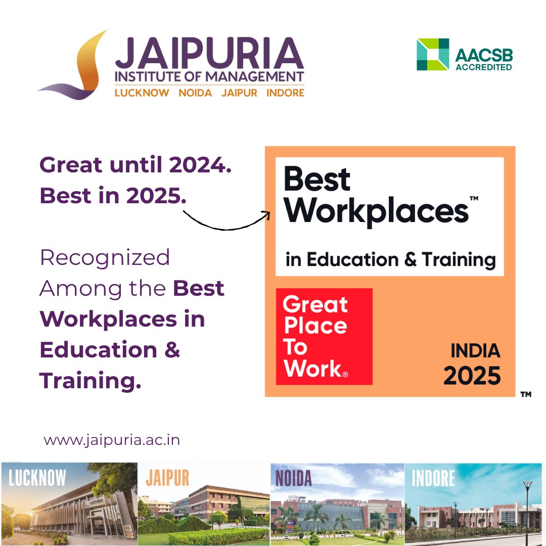 For 4 years, we’ve been recognised as a Great Place to Work.

In 2025, we’ve taken the next leap — ranked among India’s Best Workplaces in Education &amp; Training.

A heartfelt thank you to our people. 💜

#BestWorkplace2025 #JaipuriaExcellence