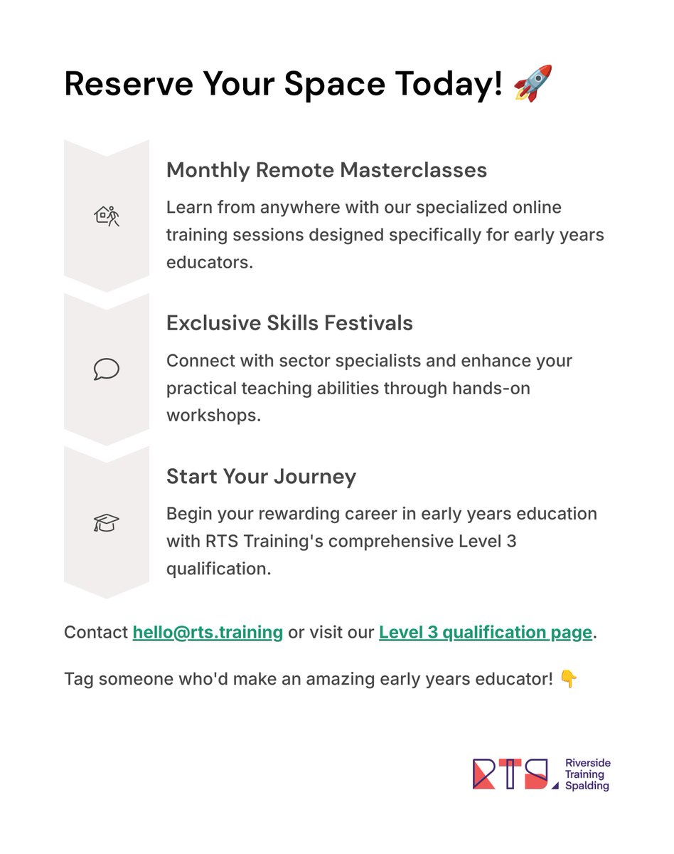 🌟 Exciting News! Our next Early Years Educator cohort starts this September! 🎓 Join our 12-month program with monthly Trainer Masterclass sessions and exclusive Skills Festival events. Contact hello@rts.training to reserve your space today! 🚀 #EarlyYearsEducation