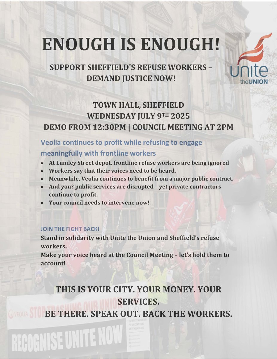 ⛔ Enough is Enough ❗

Support Sheffield's Refuse Workers - demand justice now!

📍Town Hall, Sheffield 
📆Wednesday July 9th 2025
🕐12:30 - 2PM 

Please like and share to spread the word

#UniteNEYH