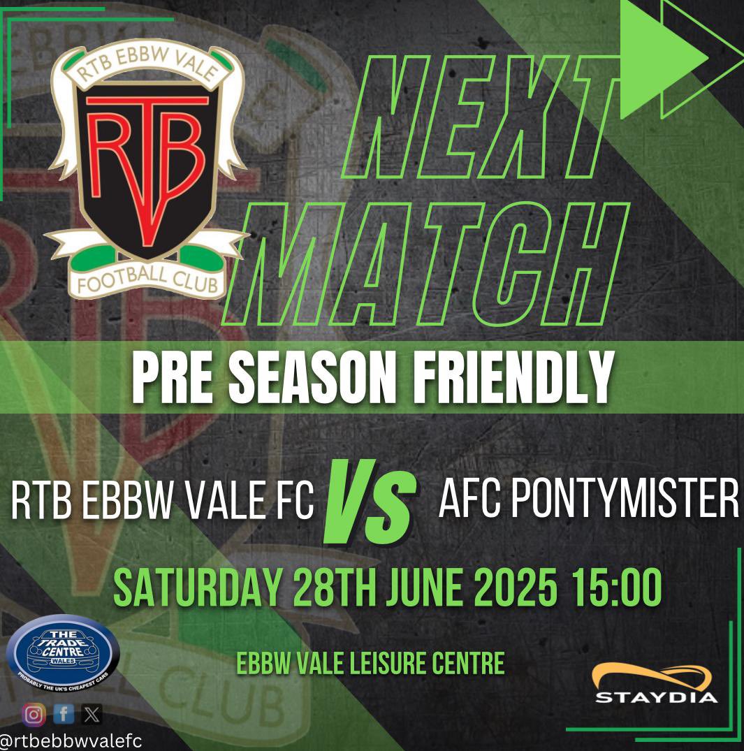 Our first pre season game takes place this Saturday as we take on Pontymister💚

All support would be massively appreciated by the boys!👏🏽

⏰ K.O - 3PM
🏟️ LOCATION - Ebbw Vale leisure centre