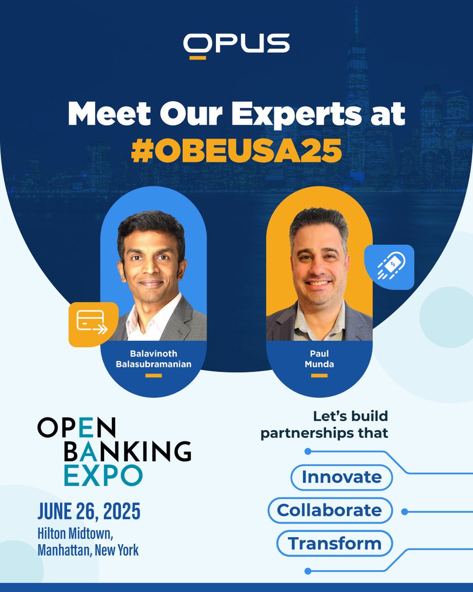 ⏩We’re ready to connect at #OpenBankingExpoUSA25!  

Let’s build partnerships that redefine the future of #fintech.
✅ Open Banking 
 ✅ Open Finance 
 ✅ A2A Payments

Say hi to the Opus team - let’s make fintech smarter, together.

#OBEUSA25 #OpenBanking #OpusTechnologies