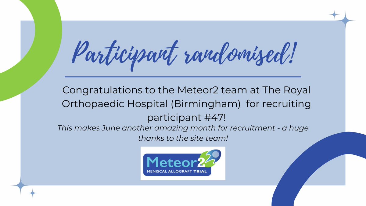 Warwick CTU (@warwickctu) on Twitter photo A huge thank you to the team at The Royal Orthopaedic Hospital, who have recruited participant #47 to the Meniscal Transplant surgery or Optimised Rehabilitation study.
That makes two randomisations this week for #METEOR2 - amazing work by all teams involved!๐
<a href="/AndyMetOrtho/">Andy Metcalfe</a> A huge thank you to the team at The Royal Orthopaedic Hospital, who have recruited participant #47 to the Meniscal Transplant surgery or Optimised Rehabilitation study.
That makes two randomisations this week for #METEOR2 - amazing work by all teams involved!๐
<a href="/AndyMetOrtho/">Andy Metcalfe</a>
