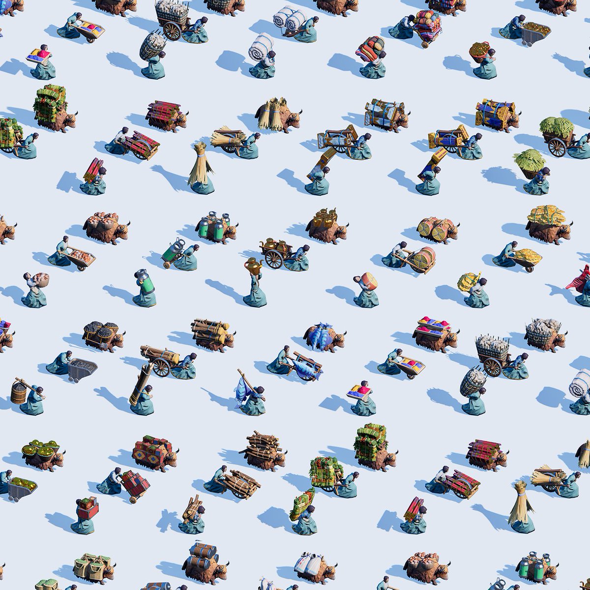 Props in our indie game! 🌾💎🪵🪨 

The citizens and cute yaks can carry a variety of resources across the mountain 👀 What can you spot?