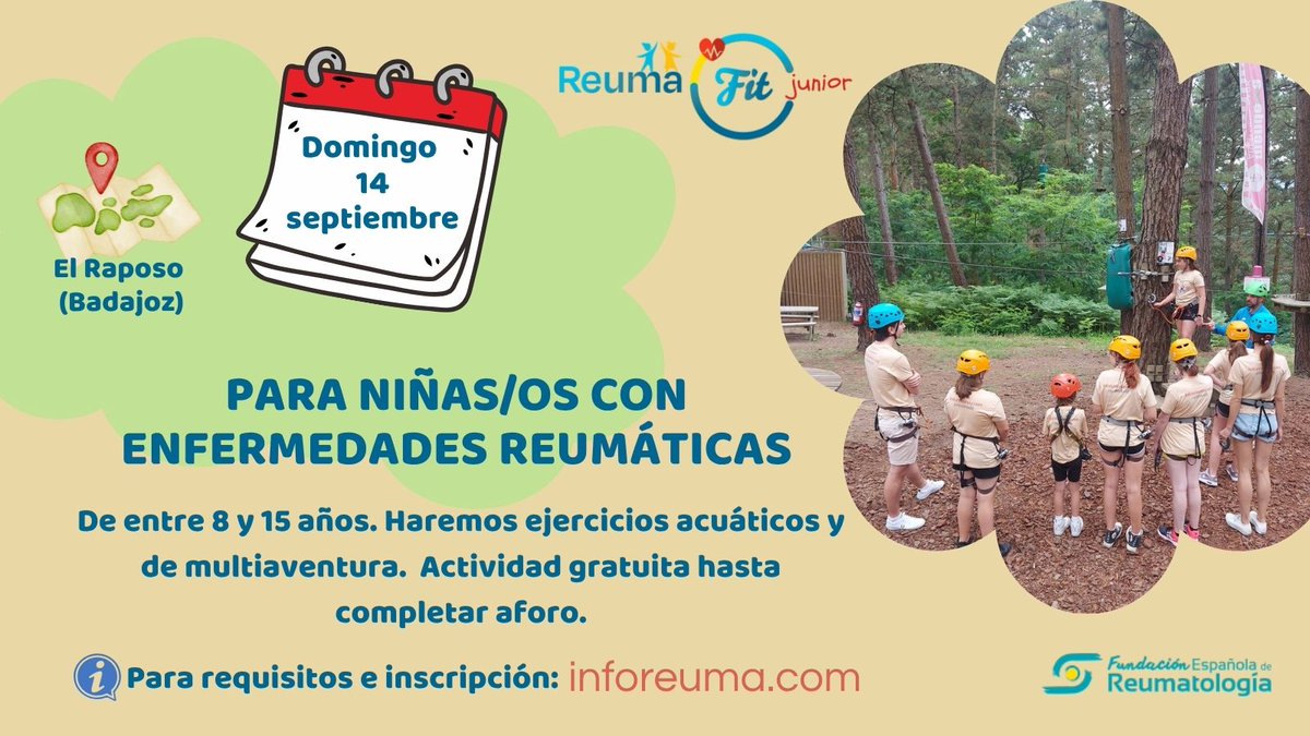 🌟 ¡Vuelven las jornadas #ReumaFit Junior!  

La  Fundación Española de Reumatología, junto a la Asociación de Reumatología de Extremadura, organiza por tercer año una jornada muy especial para niñas y niños con #enfermedadesreumáticas.  

🏃‍♀️ Un día para disfrutar al aire libre,