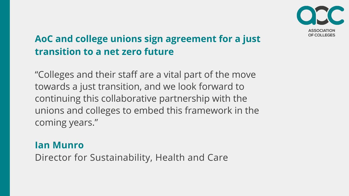 “We are proud to have worked alongside college trade unions as part of the campaign to boost the green economy"- Ian Munro, AoC Director for Sustainability, Health and Care.

AoC and college unions sign agreement for a just transition to a net zero future: aoc.co.uk/news-campaigns…