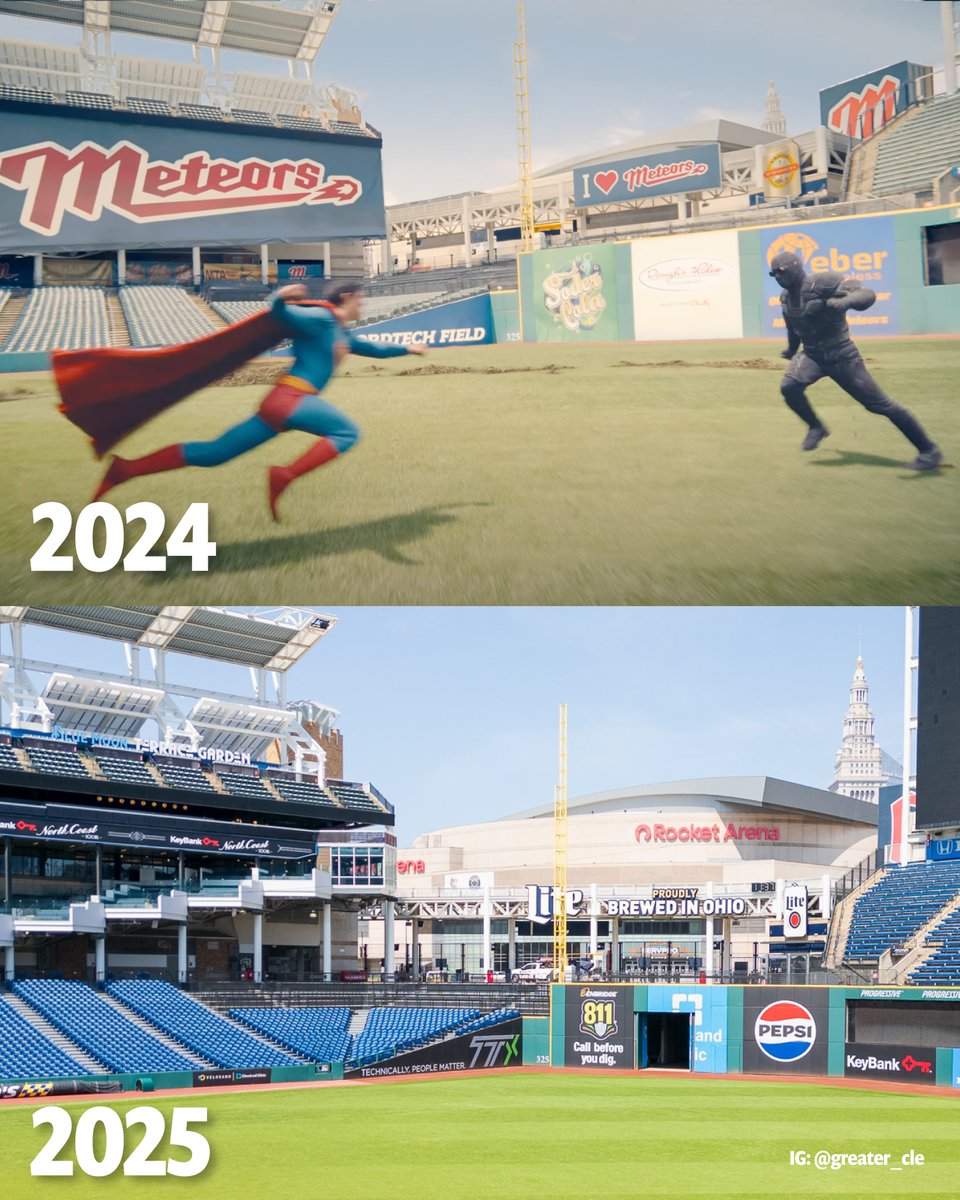GreaterCLE's tweet photo. Cleveland then and now. 🎬⚾
This time last year, @Superman was filming in Cleveland — and Progressive Field, home of the Guardians, transformed into the stadium of the Metropolis Meteors for an epic battle scene.
#GreaterCLE #FilmedInCLE @Cleveland_Film @TheCLE @CleGuardians https://t.co/DWp9mS2EiF