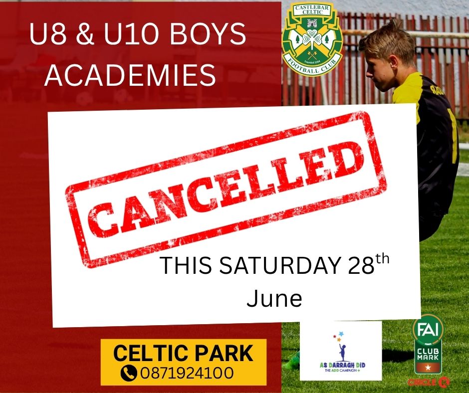 🚫Important Update for Under 8 &amp; Under 10 Boys Academy 🚫

Hi everyone! Just a quick note to let you know that the Under 8 Boys Academy and Under 10 Boys Academy sessions are CANCELLED this Saturday due to other sports holding a Blitz this Saturday.
