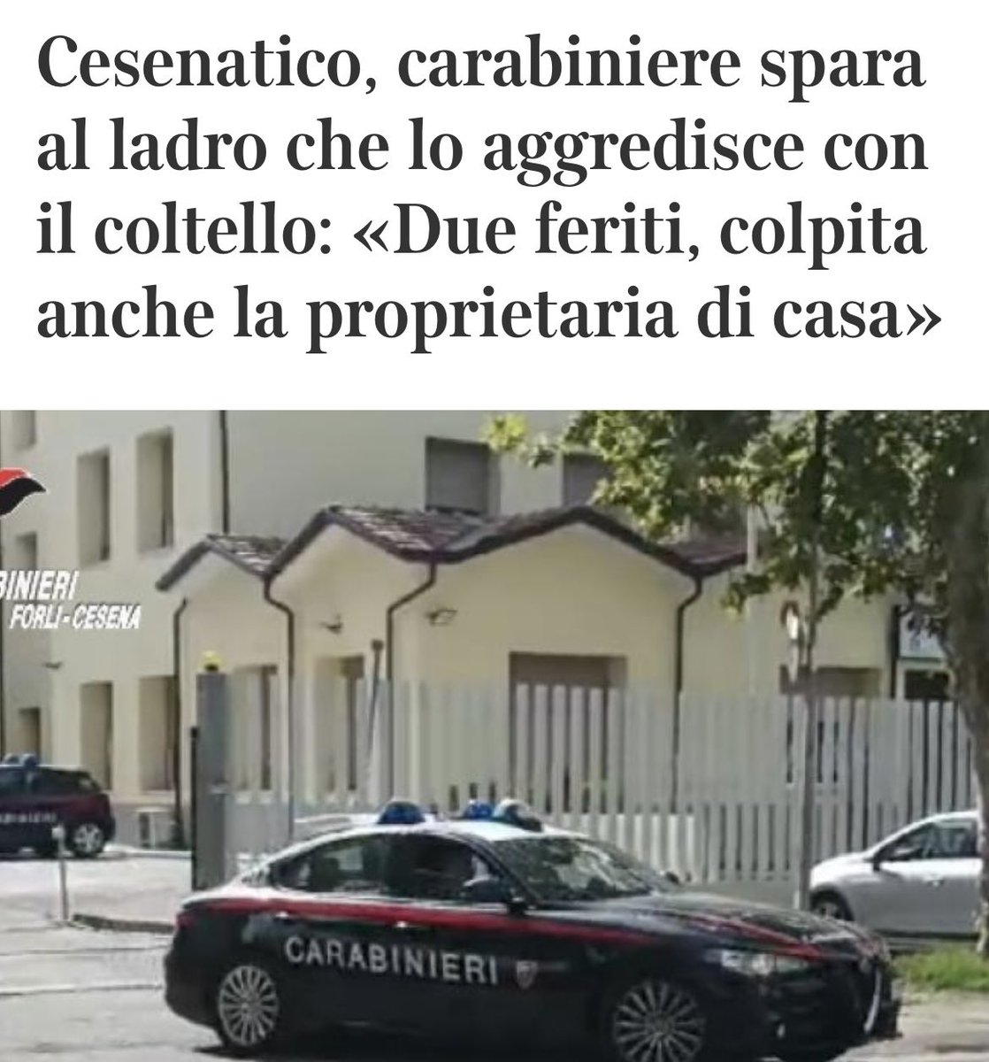 Cesenatico:
Un ladro straniero viene colto in flagrante mentre tenta di rubare in un’abitazione. 

Arrivano i Carabinieri, lo accerchiano, lui li minaccia con un coltello. 
Vengono sparati due colpi di Taser, ma non fa effetto, nel frattempo il criminale tenta di sferrare dei