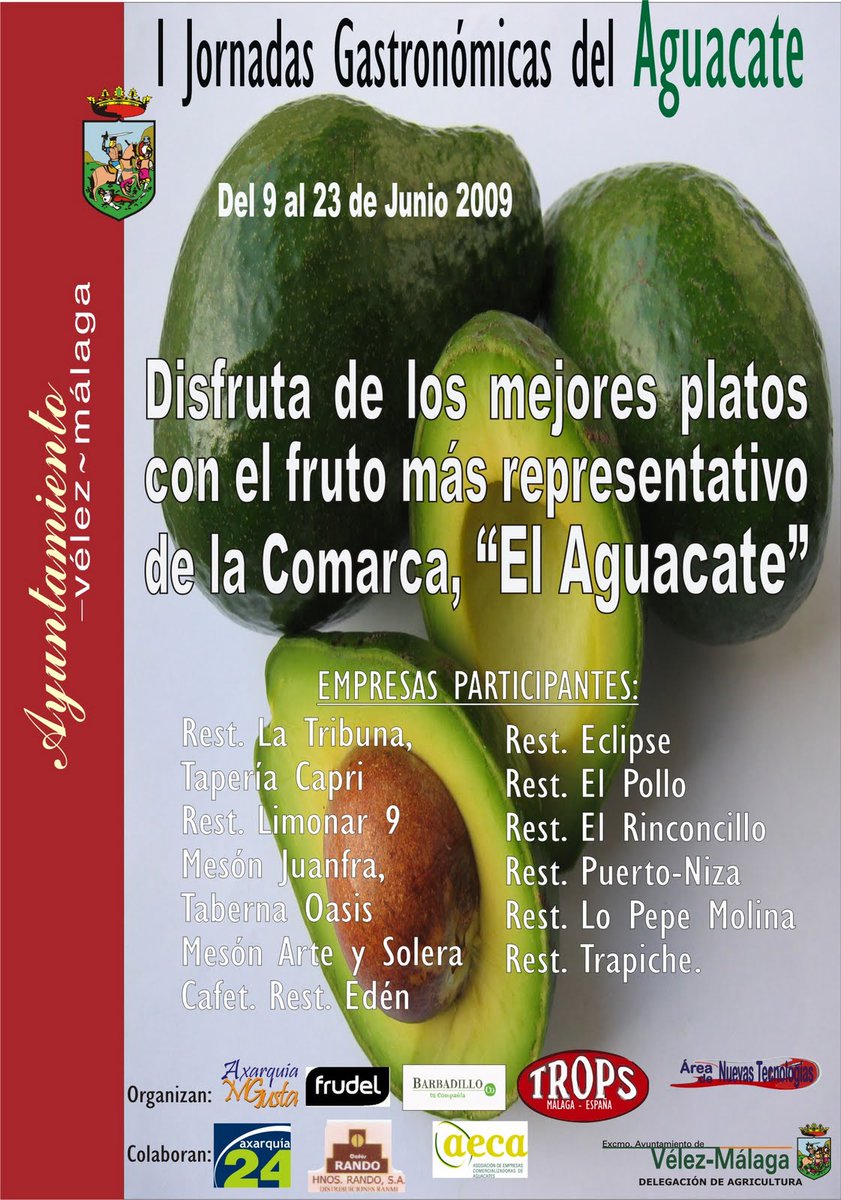 Allá por junio del año 2009 organizamos las 1ª Jornadas Gastronómicas del Aguacate, un proyecto que iniciamos solos y que con la colaboración especial del concejal de la época Juanjo Montoya fue una realidad de más de 10 años. #axarquiamegusta #iloveaguacates