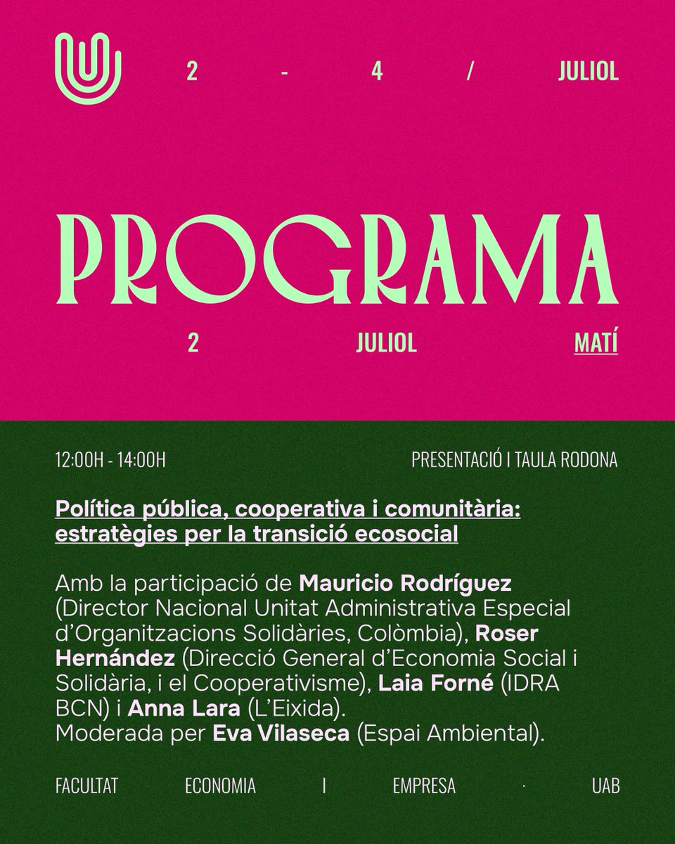 <a href="/coopstreball/">Federació de Cooperatives de Treball de Catalunya</a> <a href="/EscolesCoop/">EscolesCoop</a> <a href="/ICABarcelona/">ICAB · Advocacia Barcelona</a> <a href="/coopagrariesCAT/">Federació de Cooperatives Agràries de Catalunya</a> <a href="/rocagales/">rocagales</a> <a href="/econ_socialcat/">Economia social</a> <a href="/ciutatinvisible/">LA CIUTAT INVISIBLE</a> <a href="/CoopsConsum/">Federació Coopsconsum</a> <a href="/Habicoop_FCHC/">Habicoop (FCHC)</a> <a href="/AteneusCoopCat/">Xarxa d'Ateneus Cooperatius (XAC) de Catalunya</a> <a href="/sirabenoza/">Sira Abenoza</a> <a href="/UABBarcelona/">Universitat Autònoma de Barcelona</a> <a href="/UV_EG/">Universitat València</a> <a href="/Esade/">Esade</a> <a href="/La_Directa/">Directa</a> <a href="/albertmartnez/">Jesús Rodríguez</a> <a href="/quepo_org/">Quepo</a> <a href="/platoniq/">@platoniq@mastodon.social</a> <a href="/TecnoCampus/">TecnoCampus</a> <a href="/Cultura_Coop/">CulturaCoop</a> <a href="/SomEnergia/">Som Energia</a> <a href="/banca_etica/">FETS Finançament Ètic i Solidari</a> 📢 [SESSIONS SIMULTÀNIES]

🕛 12:00 h - 14:00 h

👉 Política pública, cooperativa i comunitària: estratègies per la transició ecosocial

👥 Amb la participació de Mauricio Rodríguez (Director Nacional Unitat Administrativa Especial d’Organitzacions Solidàries, Colòmbia -