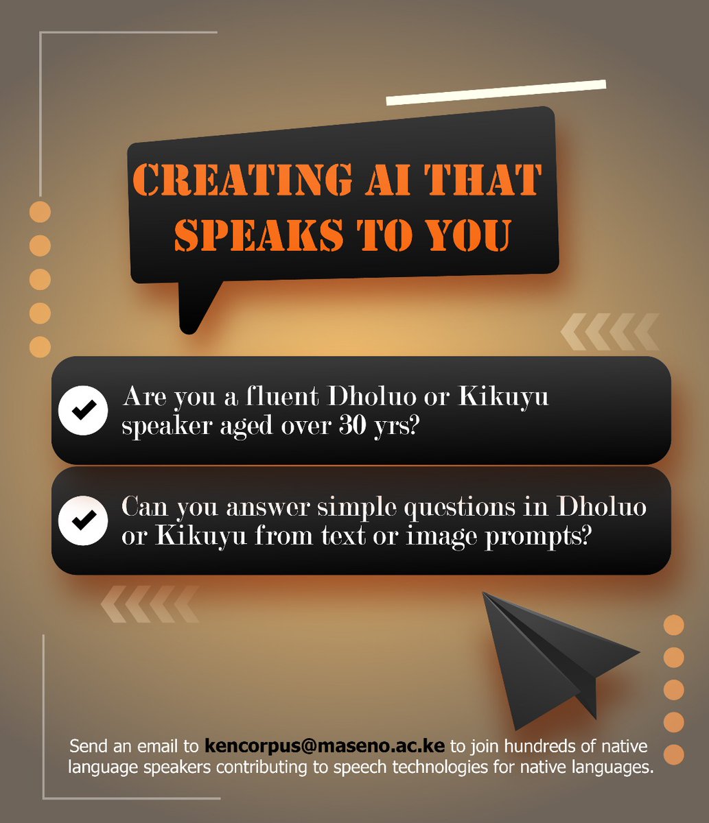 Help Build Inclusive AI for African Languages!

We are collecting speech data in Dholuo and Kikuyu. 
You will respond to text and image prompts on various domains.
To participate, email kencorpus@maseno.ac.ke or fill: forms.gle/bUE6vnSXrRKwCL…

<a href="/MasakhaneNLP/">Masakhane</a> <a href="/IndabaXKenya/">Deep Learning Indaba𝕏 Kenya</a>