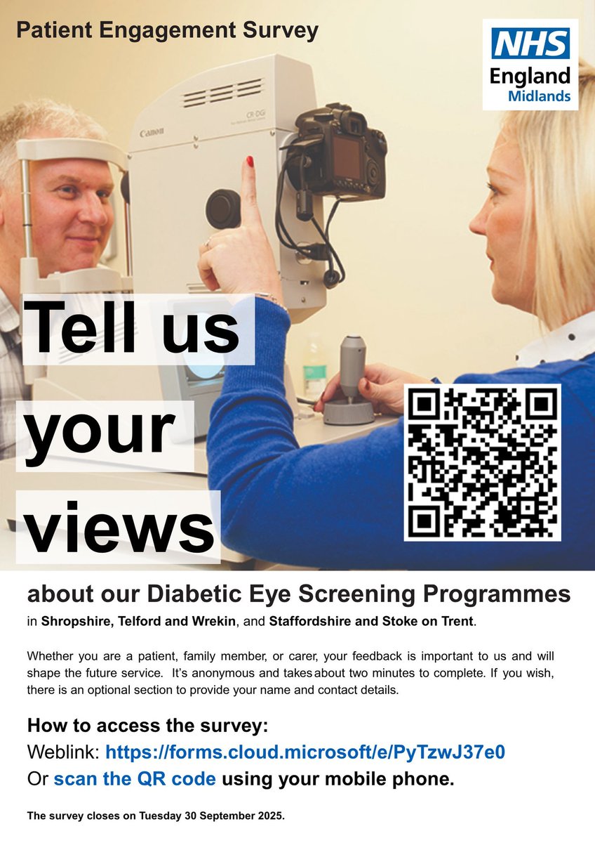 Will you help to shape the future of the Diabetic Eye Screening programme? 
NHS England wants your help to improve the Screening Programme.
Please take a few minutes to share your thoughts in their survey - your feedback is so important.
Have your say via links-2.govdelivery.com/CL0/https:%2F%…