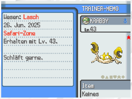 Mihninio's tweet image. ✨Shiny Krabby after 876 REs on my childhood copy of SoulSilver!
Found a different crab and actually caught this one. Only one ball was needed. Pretty excited!🦀
4/6 for #SafariWeek2025