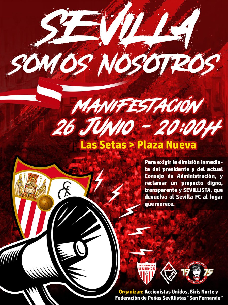Llegó el día, esta tarde toca alzar la voz por nuestro escudo.

<a href="/Accionistas_SFC/">Accionistas Unidos 🇵🇱</a> <a href="/fpsevillistas/">F. Peñas Sevillistas</a> 
#ElSevillaSomosNosotros